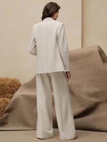Anewsta Essential 女款老錢風美拉德色系套裝，西裝外套 + 直筒長褲 2件組，適合秋冬夏季、新年、派對、婚禮，優雅時髦時尚，聖誕正式場合 - 米色 - 查看 3