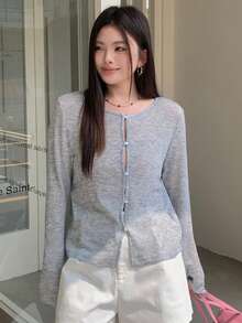 Dazy Plus 圓領素色長袖透視開襟衫 春夏秋休閒大尺碼女款上衣 - 淺灰色 - 查看 8