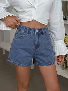 DAZY Spring/Summer Women's Casual Solid Color Washed Shorts - Medium Wash - View 3