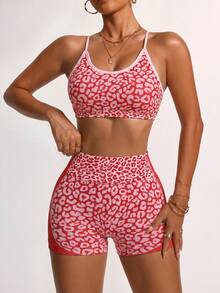 Easithlete Easithlete 1pc Women's Criss-Cross Twist Spaghetti Strap Leopard Print Bra & Shorts Workout Yoga Sports Set - Red - View 2