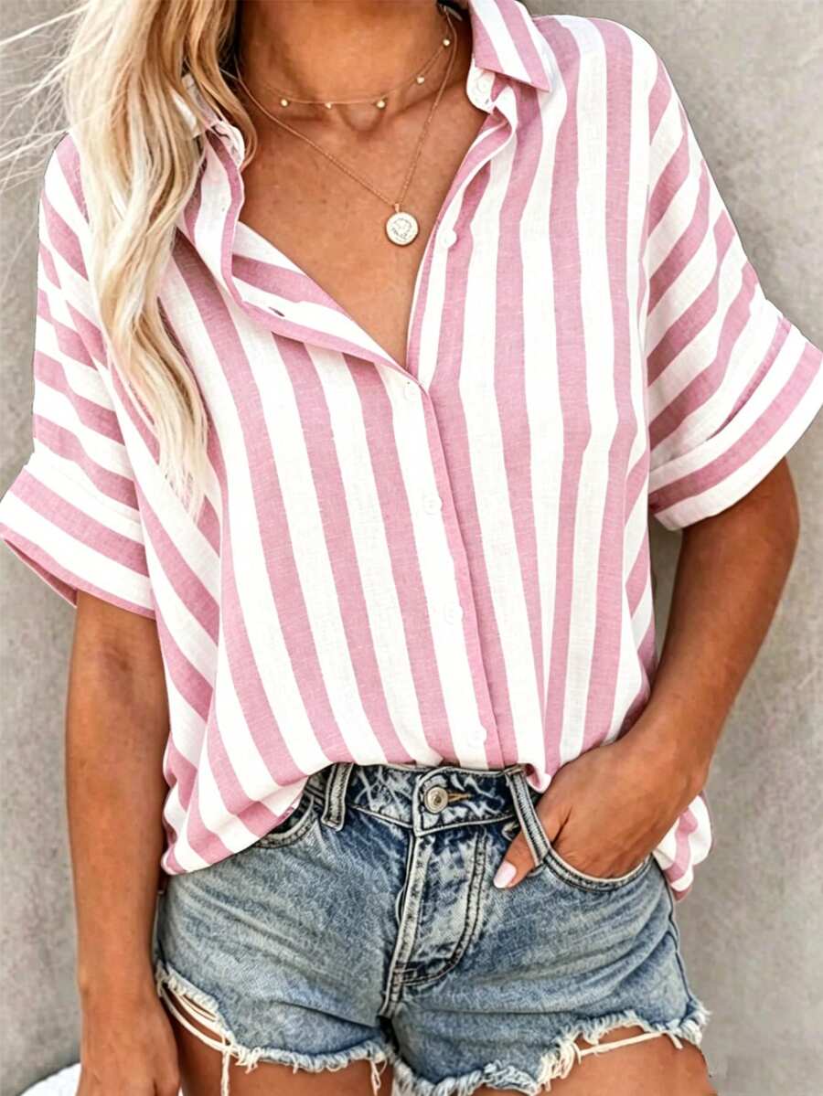 SHEIN Holidaya 女款條紋拼接休閒百搭日常出遊襯衫 - 粉色 - 查看 1