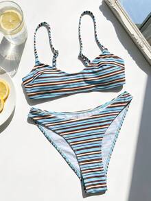 Swim Mod 2 pièces Ensemble de bikini micro pour femme, mode plage mignonne pour vacances, bord de mer, piscine, fête de natation, imprimé multicolore à rayures ondulées, bretelles fines réglables, Top et bas de bikini - Multicolore - Voir 4