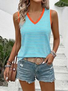 EMERY ROSE Women's Spring/Summer New V-Neck Bestselling Striped Print Pattern Colorblock Design Casual Versatile Tank Top - Multicolor - View 3