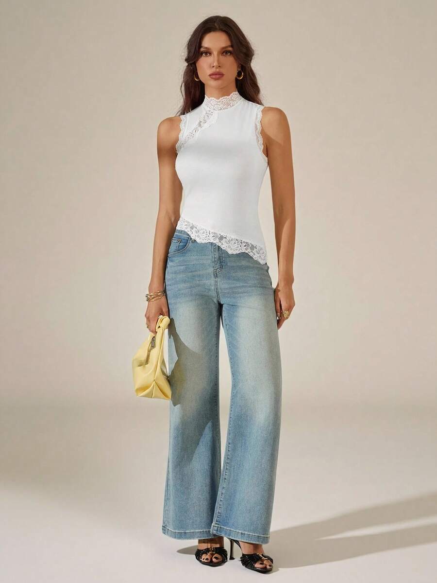 SHEIN Tall 女款素色對比蕾絲立領修身時尚細肩帶背心 - 白色 - 查看 1