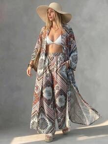 SHEIN طقم من قطعتين، طباعة نباتية، جاكيت كيمونو طويل، بنطال واسع الساق، ملابس منتجع، بطانية شاطئ للعطلات، بوهيمي استوائي بيج صيفي - متعدد الألوان - مشاهدة 5