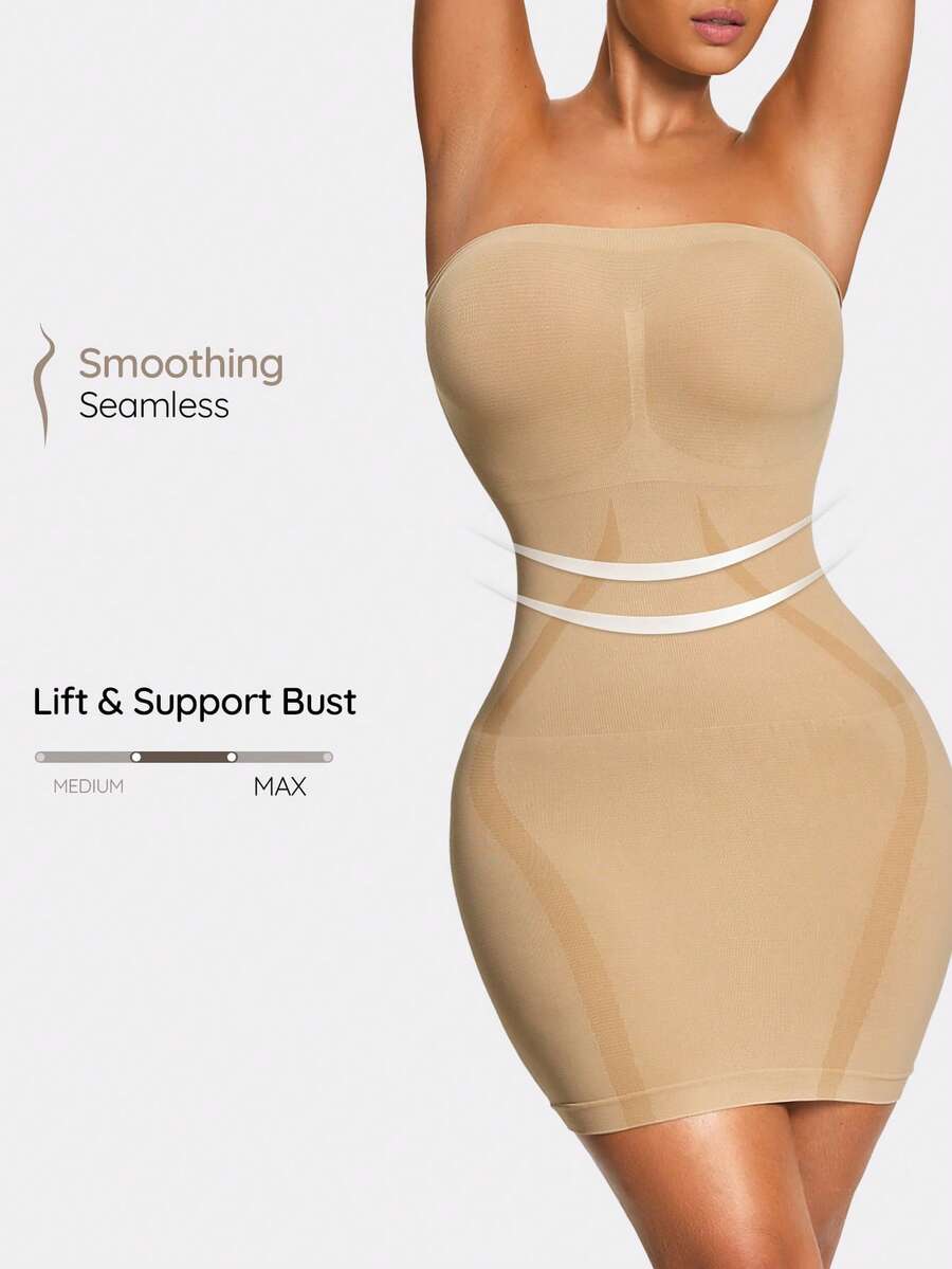 SHAPORA Robe moulante sans bretelle de couleur unie pour femmes - Nude - Voir 1