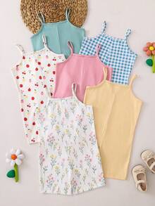 [6pcs Randomly Send 2pcs]Girls Toddler Comfortable Sweet Cute Printed Knit Camisole Romper - Multicolor - View 2