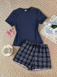 Teen Girl Casual Loose Minimalist Round Neck Short Sleeve Shorts Pajama Set, Suitable For Spring/Summer Blue Checkered - Multicolor - View 4