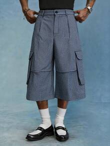 PAVTROS 男款格紋貼袋美式寬鬆設計寬腳休閒工裝七分褲 - 藍色 - 查看 4