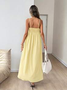 Easowa Vestido maxi de tirantes para mujer con bajo curvo, plisado, elegante, estilo boho casual para vacaciones de verano en la playa, color amarillo pálido - amarillo ganso - Ver 5