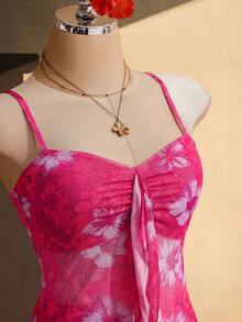 SHEIN ICON Plus Size Black V-Neck Ruffle Trim Front Short Back Long Cami Dress, Y2K Sexy Ruffle Cami Dress - Hot Pink - View 7