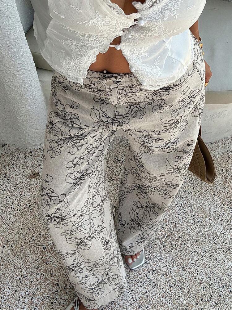 Women's Casual All-Over Print Loose Fit Jeans, Streetwear Style, Spring & Summer