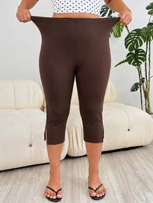 Solflare Chocolate Brown Plus Size Women's Capri Leggings, Spring/Summer Clothes - Chocolate Brown - View 6