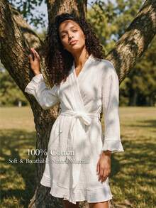 Ocili Comfortable Cotton Soft Mesh Double-Layer Robe Sleepwear For Women, Frill Trim Long Robe - White - View 1
