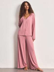 Ocili Minimalist Casual Comfortable Collarless Soft Pajama Set For Women Lounge Dusty Pink Autumn - Dusty Pink - View 5