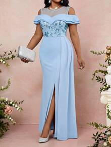 Fleurora Plus Size Light Blue Dress,Elegant Sequin Patchwork Off-Shoulder Maxi Gown,Summer Spring Wedding Guest Dress For Women,Formal Evening Party Dress - Blue - View 3