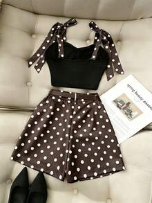 SHEIN Franclia 女款短版吊帶上衣與波點印花裙褲兩件套 - 咖啡棕 - 查看 2