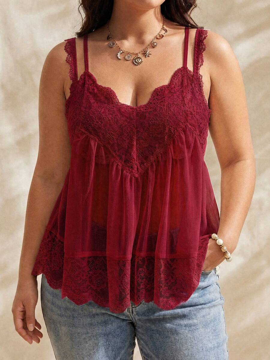 SHEIN EZwear 大尺碼女款蕾絲荷葉邊休閒百搭日常外出細肩帶上衣 - 酒紅色 - 查看 1