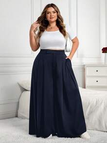 SHEIN CURVE+ CURVE PLUS /Valentine's Day/Plus Size Women's Pleated Loose Pants, Spring/Summer - Navy Blue - View 7