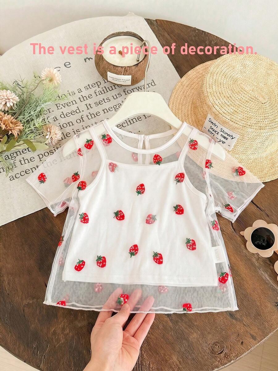 SHEIN 女童夏季上衣衬衫夏季服装背心吊带衫抹胸泳装罩衫草莓女童服装女童上衣夏季女童夏季衬衫套装女童童装女童草莓刺绣薄纱罩衫粉色短袖夏季衬衫 - 白色 - 查看 1