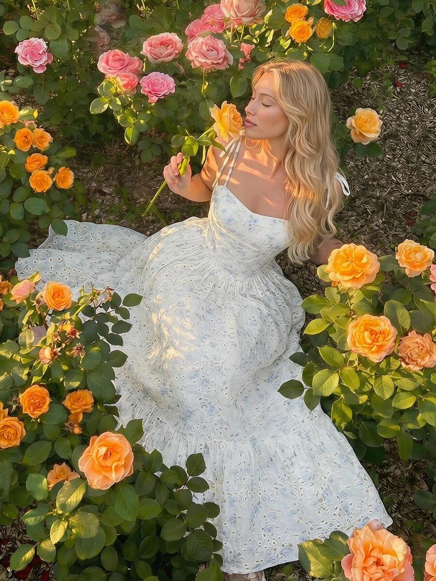 SHEIN MOD 女士夏季沙滩度假碎花刺绣系带露肩收腰长吊带连衣裙 - 彩色 - 查看 1
