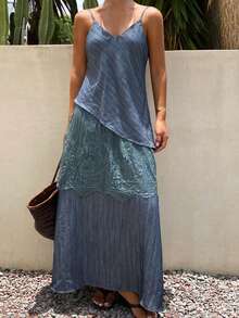 Livesso Damen Sommer V-Ausschnitt Blau Spitze Patchwork mehrlagig gerafft locker Bohemian Urlaubs-Kleid - Grau - Übersicht 3