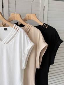 SHEIN LUNE 女款休閒夏季三件套 T恤上衣，適合外出、日常居家、辦公室穿著，鏤空短袖設計 - 彩色 - 查看 3
