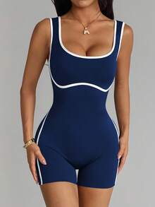 SHEIN Dewbera Mono deportivo sin costuras de color de contraste - Azul Marino - Ver 5