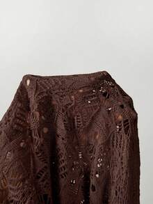 SHEIN PariChic 新款杏色海灘度假風手工鉤編蕾絲針織高腰抽繩蕾絲感寬腿長褲 - 咖啡棕 - 查看 4