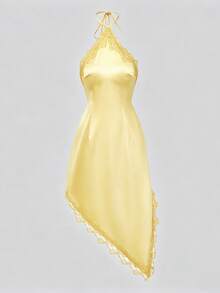 SHEIN PariChic Women's Solid Color Contrast Lace Fashion Halter Neck Short Dress - Pale Yellow - View 4