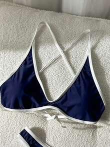 Swim SXY Blue And White Color Block Halter Neck Tie Large Scoop Neck Criss-Cross Back Sexy Bikini And Triangle Bottom Swimwear Set, Suitable For Beach Vacation Wear - Navy Blue - View 6