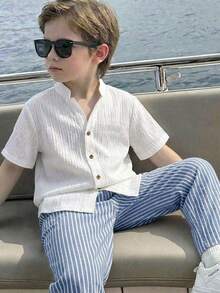 SHEIN Kids Tween Boy Woven Solid Color Casual Shirt And Striped Long Pants 2-Piece Set, Suitable For Outings, Play, Vacation, Street Style, Party, City Walk - Multicolor - View 5