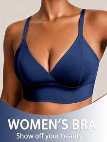 SHEIN Plus Size Women's Solid Color Casual Everyday Adjustable Strap Bra - Navy Blue - View 3