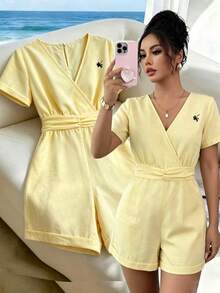SHEIN Clasi Women's Elegant Modest Solid Color V-Neck Embroidered Pattern Waist-Cinching Wide Leg Jumpsuit, Spring/Summer Commute Casual Vacation Wear Pale Yellow - Light Yellow - View 1