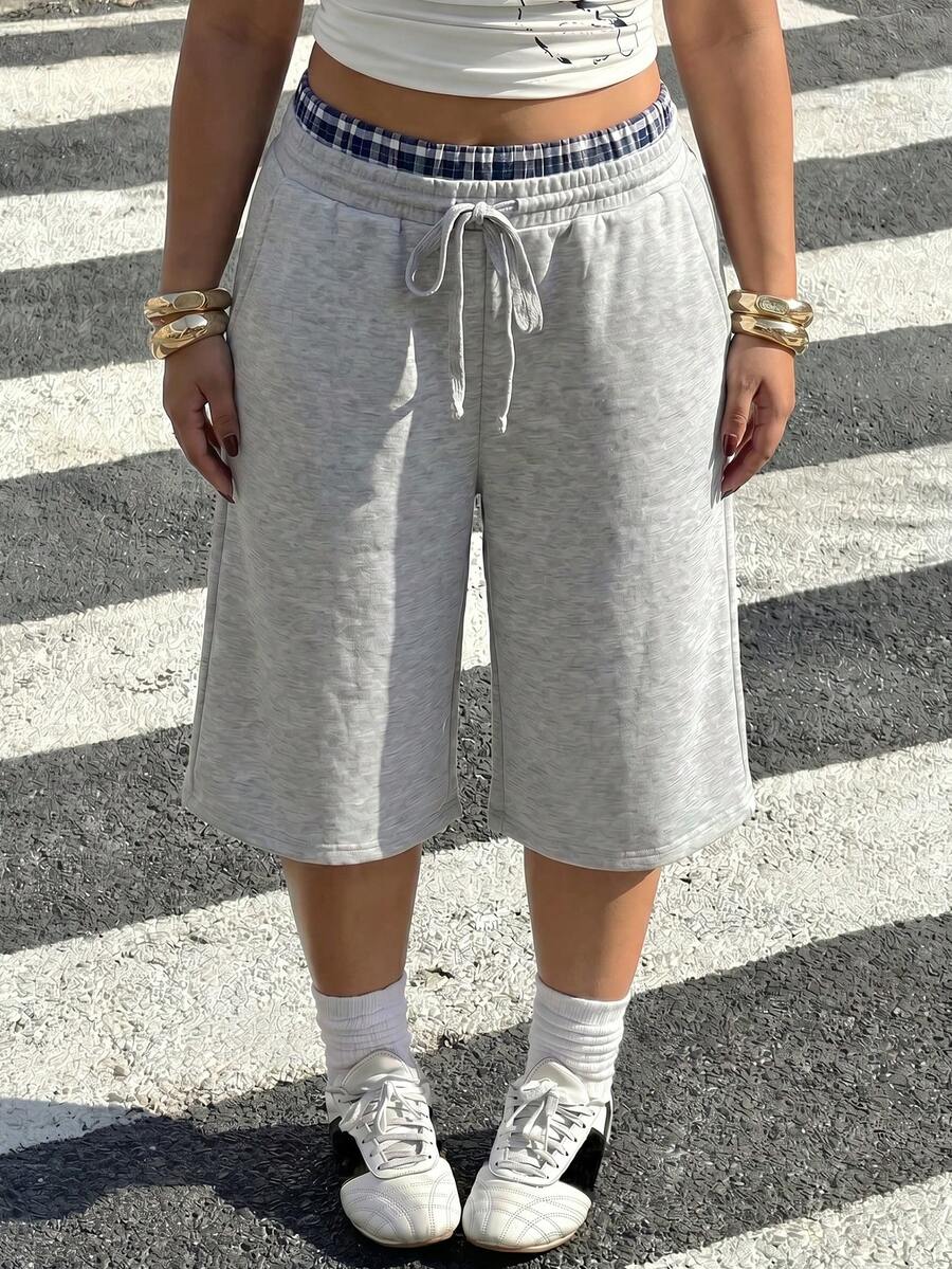 Muchica Plus Size Women's Drawstring Waist Casual Soft Baggy Versatile Daily Wear Capri Length Pants Gray Summer Gym Formal - Light Grey - View 1