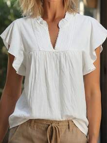 Louniche Women's Fashion Casual Vacation Solid Color Hollow Lace V-Neck Ruffle Sleeve Blouse Spring/Summer Cotton-Feel Shirt - White - View 6
