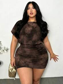 Firerie 大尺碼休閒水墨花卉短袖貼身女款迷你洋裝 黑色百褶大尺碼夏日洋裝 - 彩色 - 查看 1