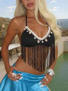 Aloruh Women's Vacation Shell Trim Tassel Design Fashion Sexy Halter Neck Tank Top - Black - View 1