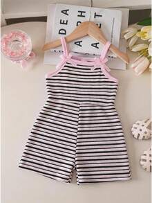SHEIN Baby Girl Casual Fashion Daily Strapless Sleeveless Cinched Waist Short Solid Color Elastic Ribbed Fabric 3D Bow Short Summer Pink Romper - Pink - View 3