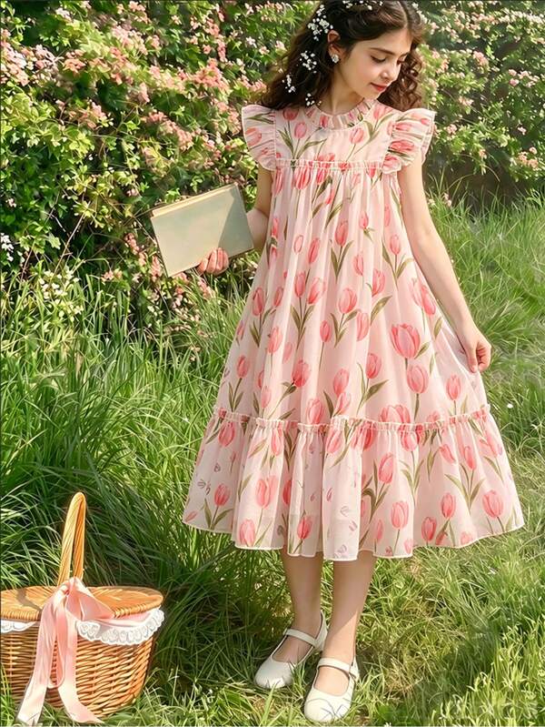 SHEIN Đầm hoa nhí cho bé gái, kiểu mới sát nách cổ vừa, đính trang trí, chân váy phồng công chúa, họa tiết hoa tulip, gấu bèo nhún, dáng rộng, phù hợp mùa xuân hè thu, lễ hội, tiệc tùng, mặc hàng ngày, phong cách học đường, đám cưới, sinh nhật, thanh lịch, thường ngày, đi du lịch, đầm dài cho bé gái và nhiều dịp khác