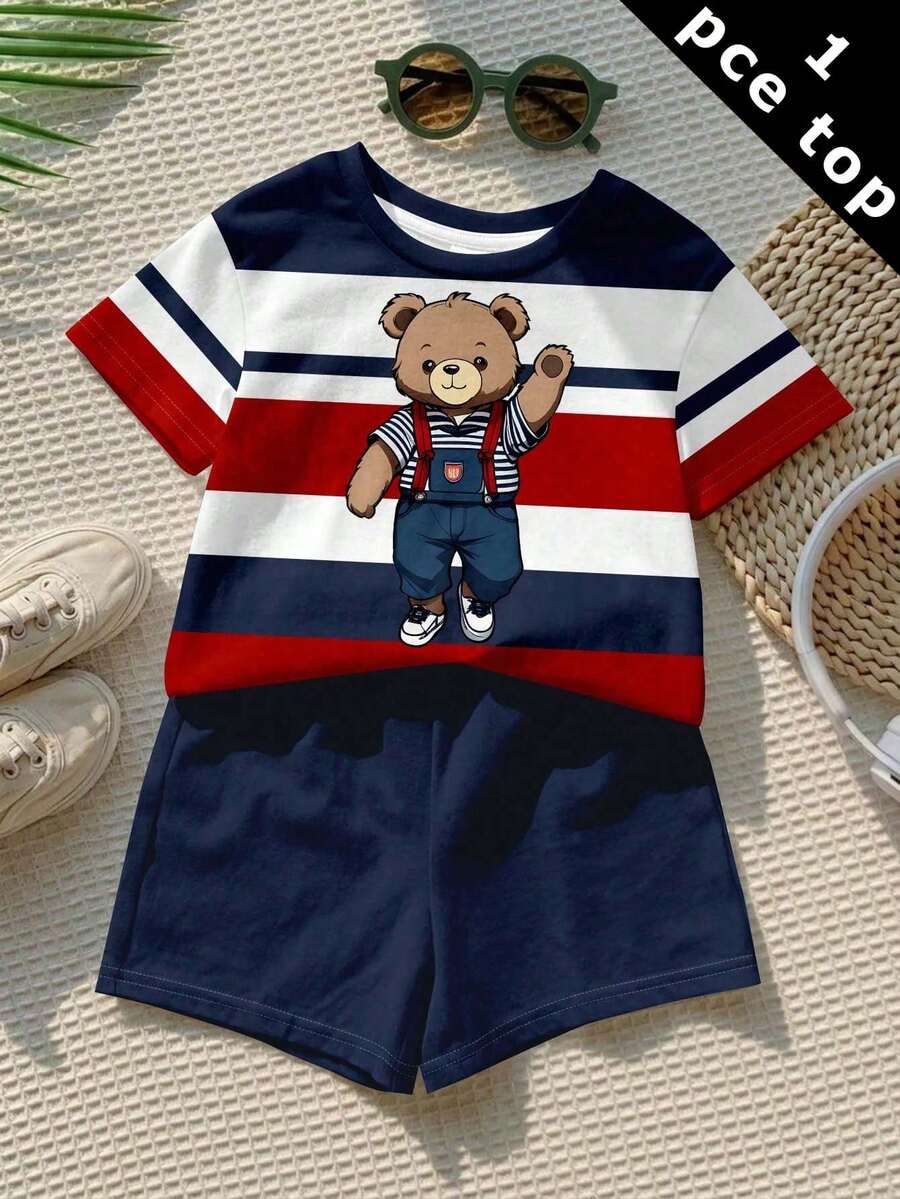 Young Boy Short Sleeve T-Shirt Casual Simple Suitable For Summer, Classic Striped Pattern Print, Handsome Bear Pattern Print - Multicolor - View 1