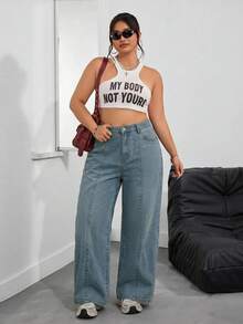 SHEIN PETITE CURVE 大尺碼女款 3D 骨線設計鈕扣半開襟口袋寬鬆直筒牛仔褲 - 藍色 - 查看 3