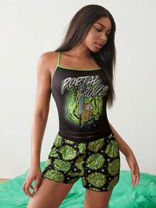 Rick and Morty X SHEIN 女款字母卡通印花細肩帶上衣與短褲休閒日常居家睡衣套裝 - 黑色 - 查看 5