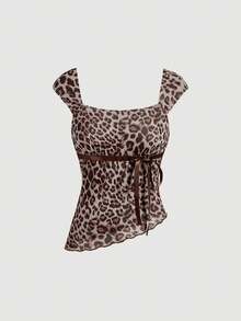 SHEIN MOD Bow Asymmetric Ruched Mesh Grey Leopard Print Print Top Club Night Summer Sexy - Brown - View 3