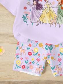 Elladie kids 1 Set Young Girls' Sweet Purple Dreamy Princess Print T-Shirt & Butterfly,Deer,Flower Pattern Shorts,Summer Outfits,Light Pink,Summer,Family Matching - Multicolor - View 6