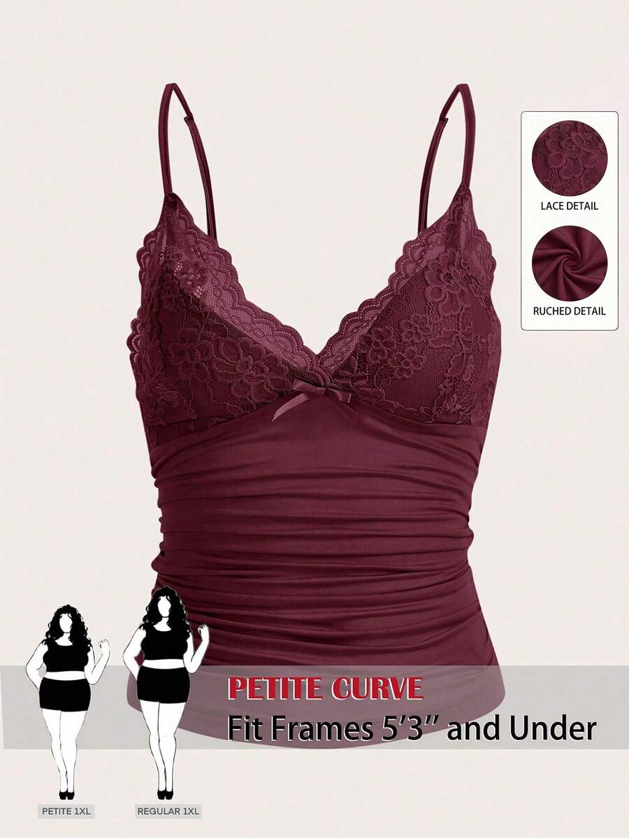 SHEIN PETITE CURVE Plus Size Women Curve Elegant Sexy Lace Patchwork Burgundy Camisole Top Summer Date Night Wedding - Red - View 1