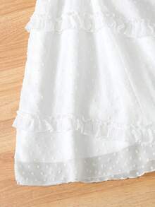 SHEIN Genkimix Kids 女童不對稱百褶荷葉邊飾鏤空中長裙，夏季 - 白色 - 查看 6