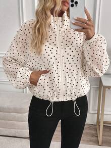 SHEIN LUNE Chaqueta casual de mujer para vacaciones de verano, ir al trabajo y uso diario, básica de moda, con lunares, para otoño/invierno, corta, con bolsillos y cremallera - Albaricoque - Ver 3