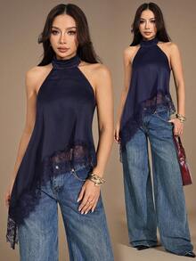 SHEIN PETITE 女款夏季性感不對稱下擺蕾絲飾邊露背掛脖上衣 - 藏蓝色 - 查看 8