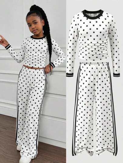 SHEIN Tween Girl Black & White Polka Dot Casual Set & Contrast Color Round Neck Top & Side Stripe Long Pants 2pcs Set & High Elasticity Skin-Friendly Fabric & American Vintage Style Women's Clothing & Summer Daily Street & Vacation Outfit & Niche Design Set